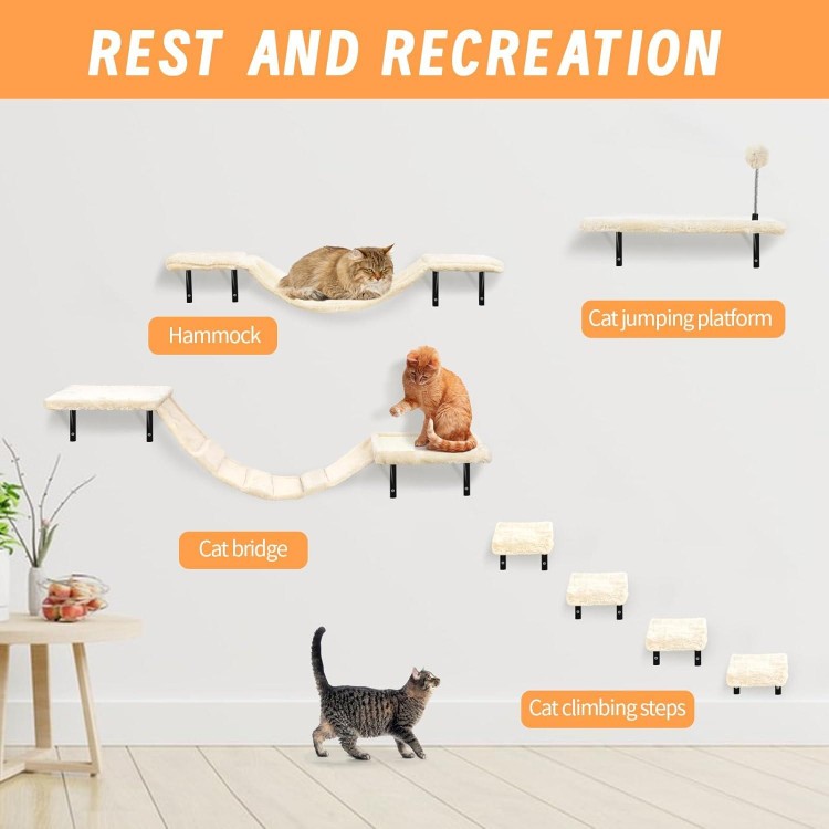 Wall-Mounted Cat Climber Set with Climbing Shelves, Perches, Bridge,Hammock,Scratching Board & Ball - 7 Pcs Wood Indoor Cat Furniture for Kittens Play (Beige)