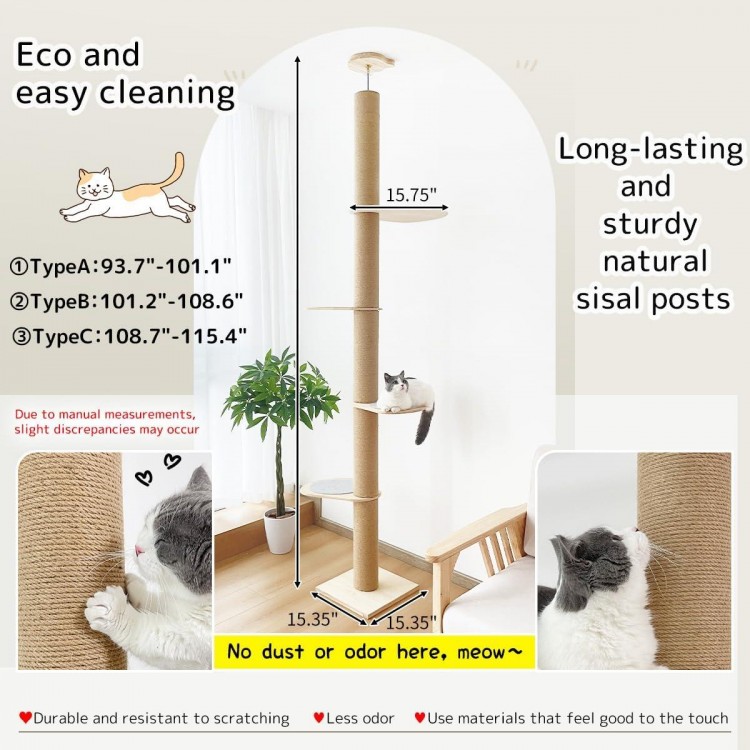 Catforest Cat Climbing Tower, Floor-to-Ceiling, Natural Sisal Rope Scratching Post, 93.7-101.1Inch, 101.2-108.6Inch, 108.7-115.4Inch