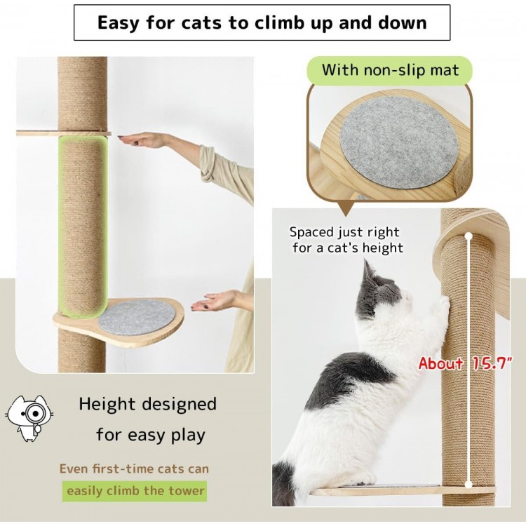 Catforest Cat Climbing Tower, Floor-to-Ceiling, Natural Sisal Rope Scratching Post, 93.7-101.1Inch, 101.2-108.6Inch, 108.7-115.4Inch