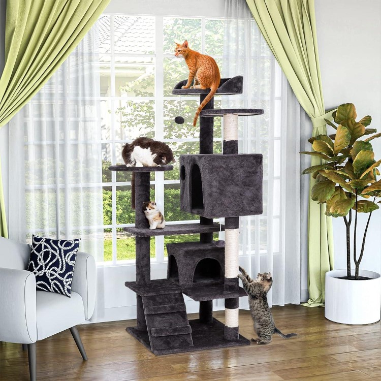 54 in Cat Tree Cat Tower for Indoor Cats Plush Cat Condo Multi-Level Cat Furniture with Scratching Post, Jumping Platform Cat Play House Activity Center