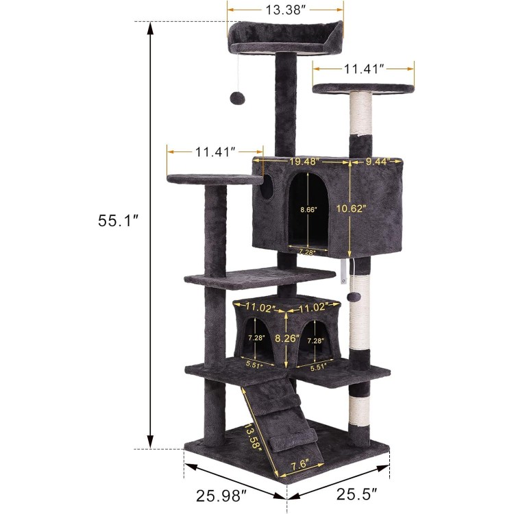 54 in Cat Tree Cat Tower for Indoor Cats Plush Cat Condo Multi-Level Cat Furniture with Scratching Post, Jumping Platform Cat Play House Activity Center