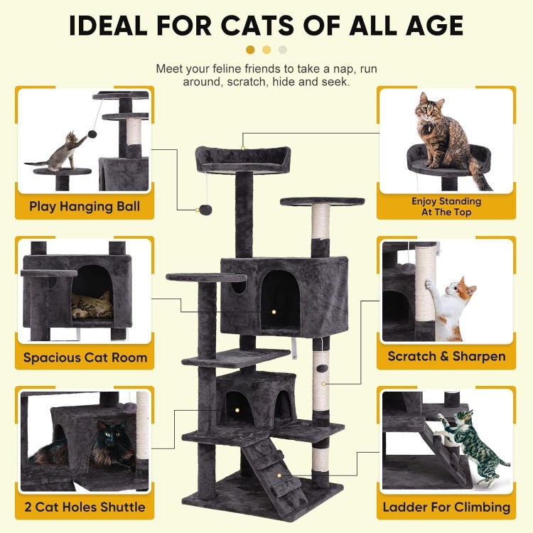 54 in Cat Tree Cat Tower for Indoor Cats Plush Cat Condo Multi-Level Cat Furniture with Scratching Post, Jumping Platform Cat Play House Activity Center