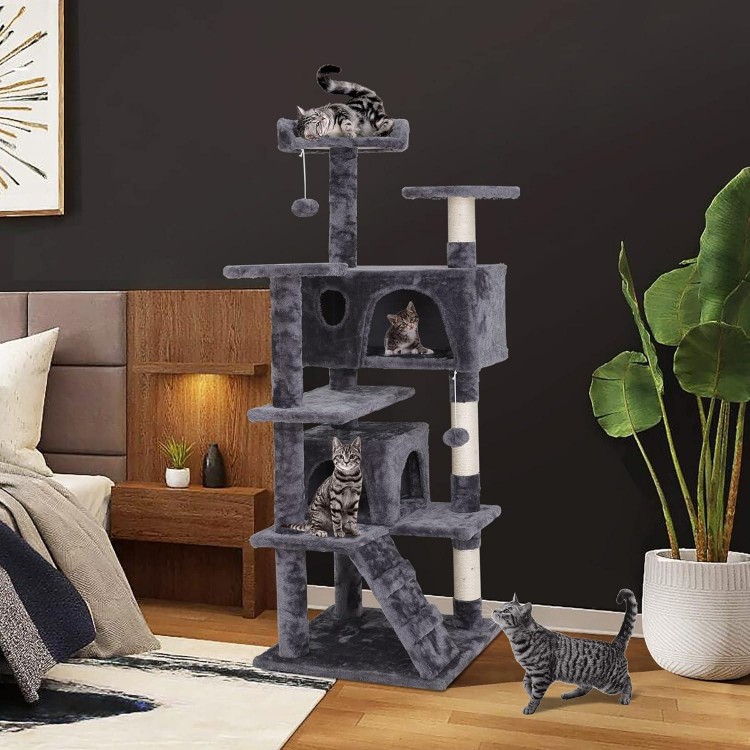 54 in Cat Tree Cat Tower for Indoor Cats Plush Cat Condo Multi-Level Cat Furniture with Scratching Post, Jumping Platform Cat Play House Activity Center