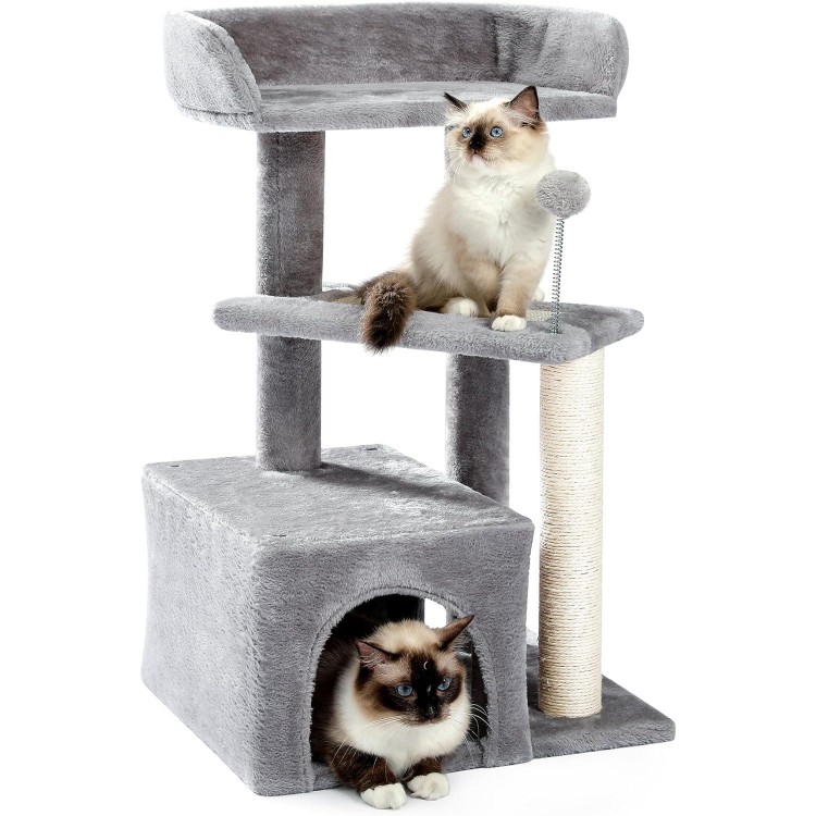 Made4Pets Cat Tree, Carpet Cat Tower Grey for Indoors Cats, Cute Wood Kitty Condo with Scratching Post and Pad, 29 Multi-Level Modern Activity Climbing Furniture for Small and Medium Cats