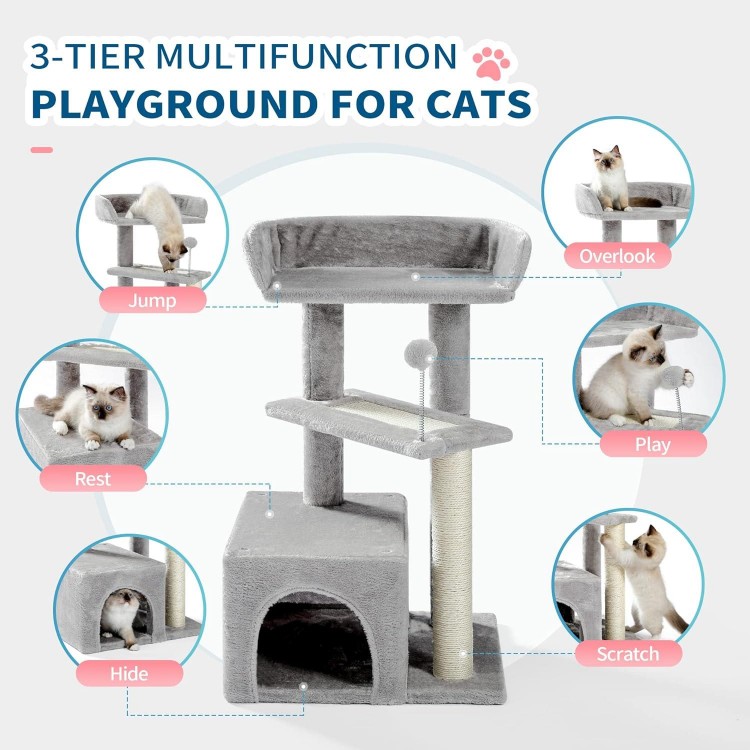 Made4Pets Cat Tree, Carpet Cat Tower Grey for Indoors Cats, Cute Wood Kitty Condo with Scratching Post and Pad, 29 Multi-Level Modern Activity Climbing Furniture for Small and Medium Cats