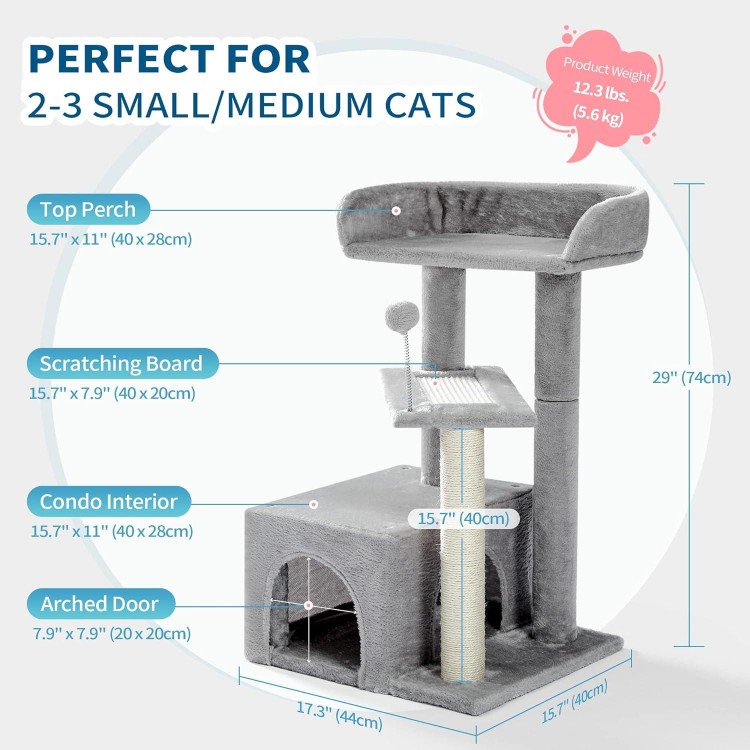 Made4Pets Cat Tree, Carpet Cat Tower Grey for Indoors Cats, Cute Wood Kitty Condo with Scratching Post and Pad, 29 Multi-Level Modern Activity Climbing Furniture for Small and Medium Cats