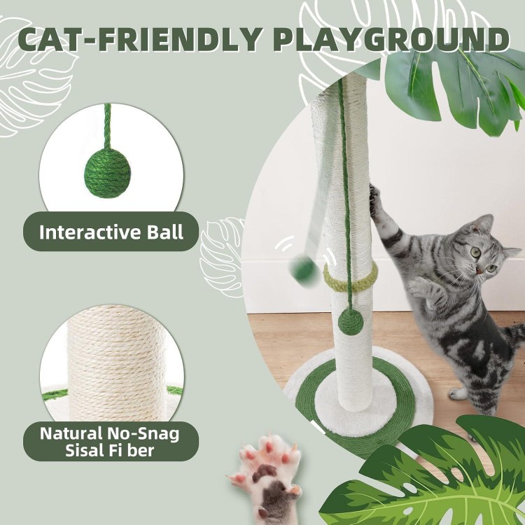 MEOWOOU Cat Scratching Post for Indoor Cats and Kitten, 35” Tall Monstera cat Scratching Post with sisal Hanging Interactive Ball, Suitable for Large Adult cat, Kitten, and All Type of Cats