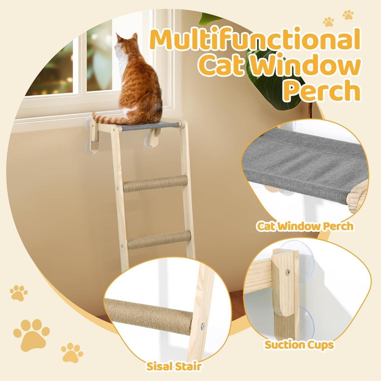 HOMBYS Cat Window Perch with Climbing Steps & Sisal Scratching Post Stairs for Indoor Cats Look Out Window, Cordless Cat Hammock Easy to Assemble, with 4 Suction Cups