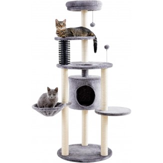 Made4Pets Cat Tree for Indoor Cats, 60.2 inch Large Cat Tower with Soft Hammock, 5-Level Tall Cat Condo, Sisal Scratch Posts, Pompoms, Carpet Covered Cat Climbing Furniture for Small Cats and Kittens