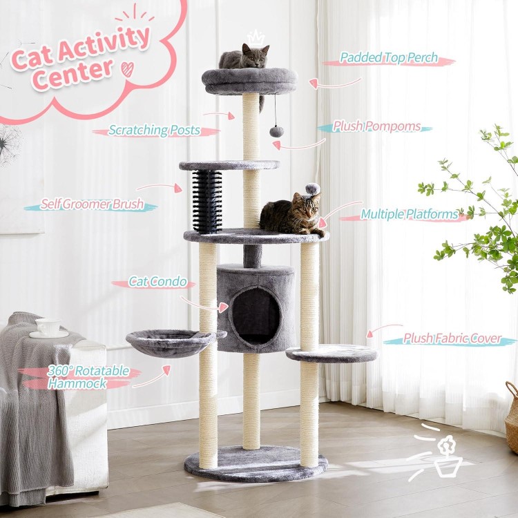 Made4Pets Cat Tree for Indoor Cats, 60.2 inch Large Cat Tower with Soft Hammock, 5-Level Tall Cat Condo, Sisal Scratch Posts, Pompoms, Carpet Covered Cat Climbing Furniture for Small Cats and Kittens