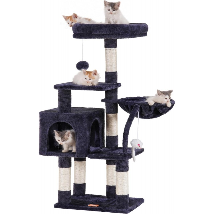 Heybly Cat Tree with Toy, Cat Tower condo for Indoor Cats, Cat House with Padded Plush Perch, Cozy Hammock and Sisal Scratching Posts, Smoky Gray HCT004SG