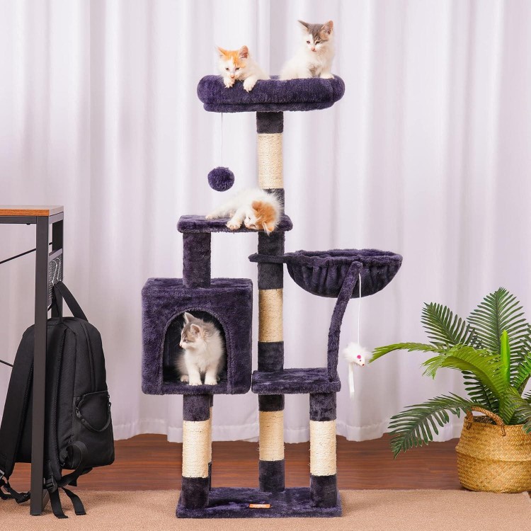 Heybly Cat Tree with Toy, Cat Tower condo for Indoor Cats, Cat House with Padded Plush Perch, Cozy Hammock and Sisal Scratching Posts, Smoky Gray HCT004SG