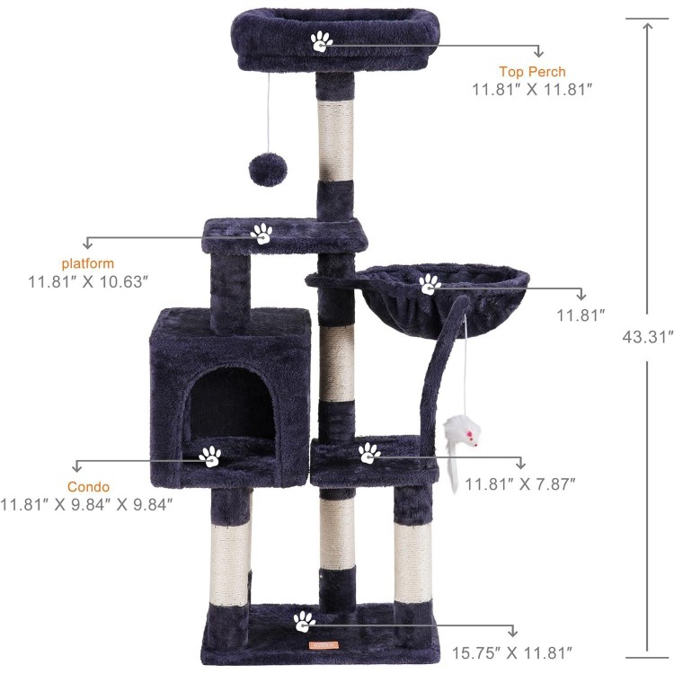 Heybly Cat Tree with Toy, Cat Tower condo for Indoor Cats, Cat House with Padded Plush Perch, Cozy Hammock and Sisal Scratching Posts, Smoky Gray HCT004SG