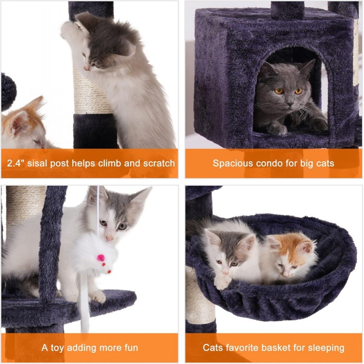 Heybly Cat Tree with Toy, Cat Tower condo for Indoor Cats, Cat House with Padded Plush Perch, Cozy Hammock and Sisal Scratching Posts, Smoky Gray HCT004SG