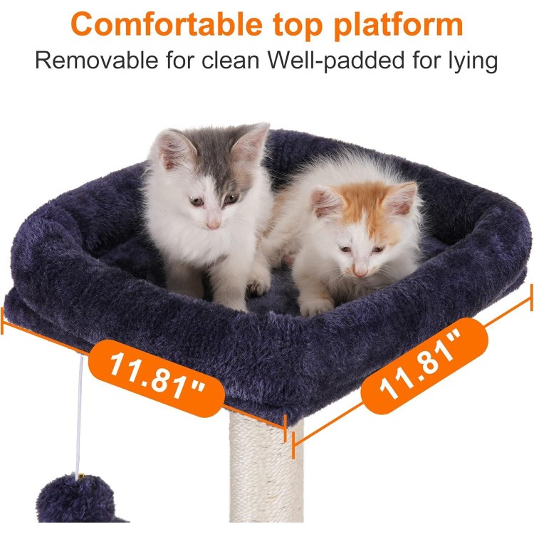 Heybly Cat Tree with Toy, Cat Tower condo for Indoor Cats, Cat House with Padded Plush Perch, Cozy Hammock and Sisal Scratching Posts, Smoky Gray HCT004SG