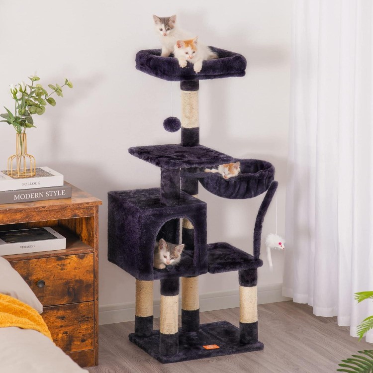 Heybly Cat Tree with Toy, Cat Tower condo for Indoor Cats, Cat House with Padded Plush Perch, Cozy Hammock and Sisal Scratching Posts, Smoky Gray HCT004SG