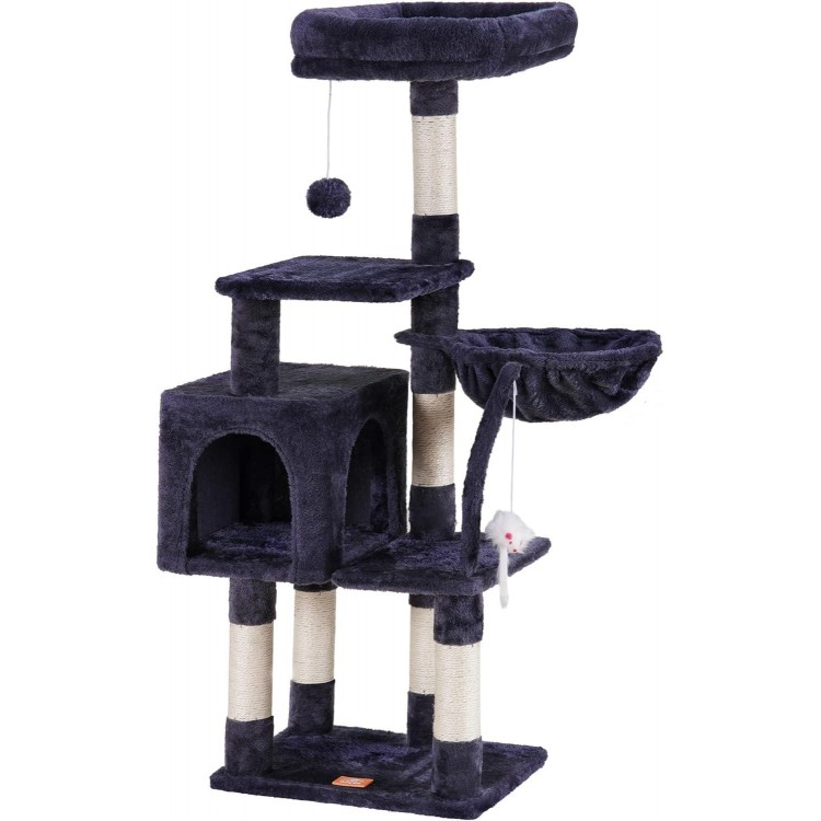 Heybly Cat Tree with Toy, Cat Tower condo for Indoor Cats, Cat House with Padded Plush Perch, Cozy Hammock and Sisal Scratching Posts, Smoky Gray HCT004SG