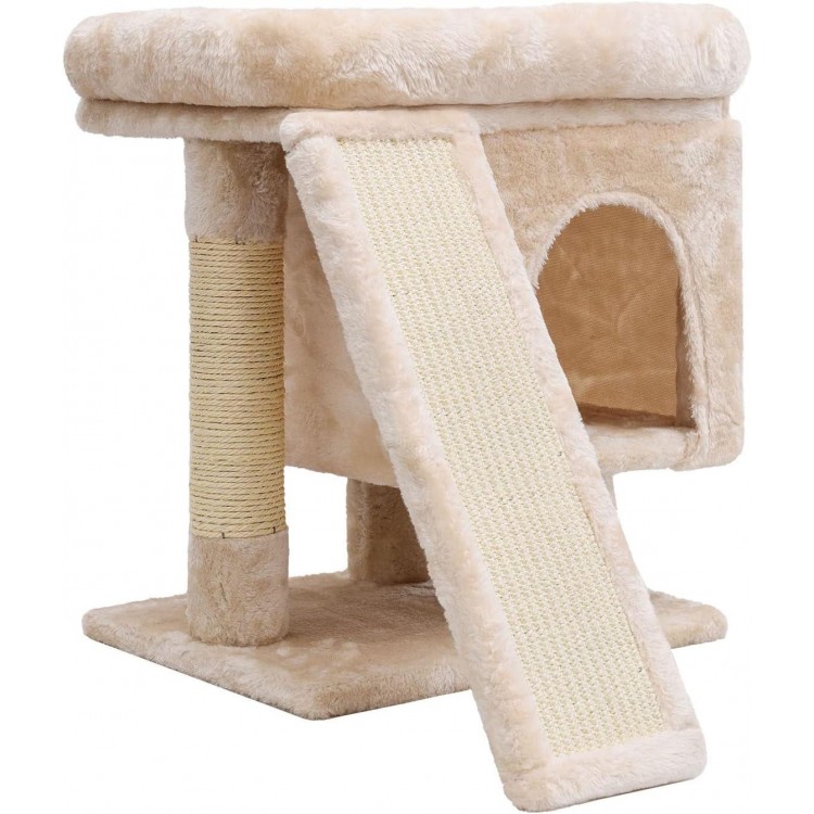 SYANDLVY Small Cat Tree for Indoor Large Cats, Kittens Condo with Scratching Post and Board, Modern Activity Tower with Cave (Beige)