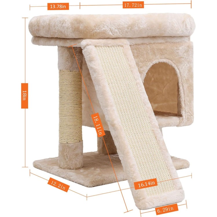 SYANDLVY Small Cat Tree for Indoor Large Cats, Kittens Condo with Scratching Post and Board, Modern Activity Tower with Cave (Beige)