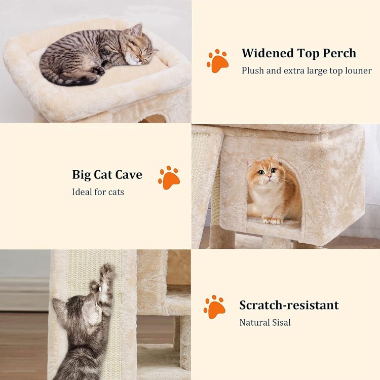 SYANDLVY Small Cat Tree for Indoor Large Cats, Kittens Condo with Scratching Post and Board, Modern Activity Tower with Cave (Beige)