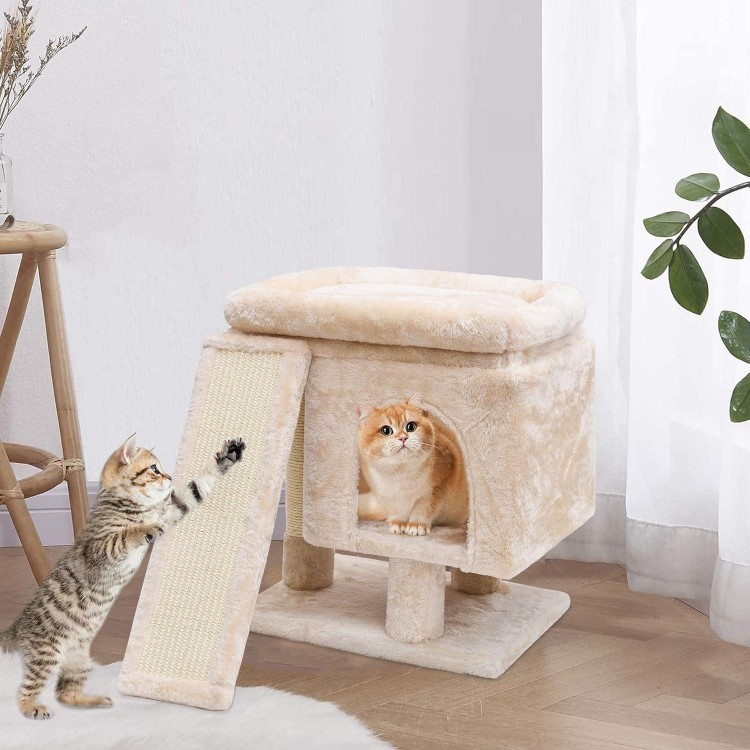 SYANDLVY Small Cat Tree for Indoor Large Cats, Kittens Condo with Scratching Post and Board, Modern Activity Tower with Cave (Beige)