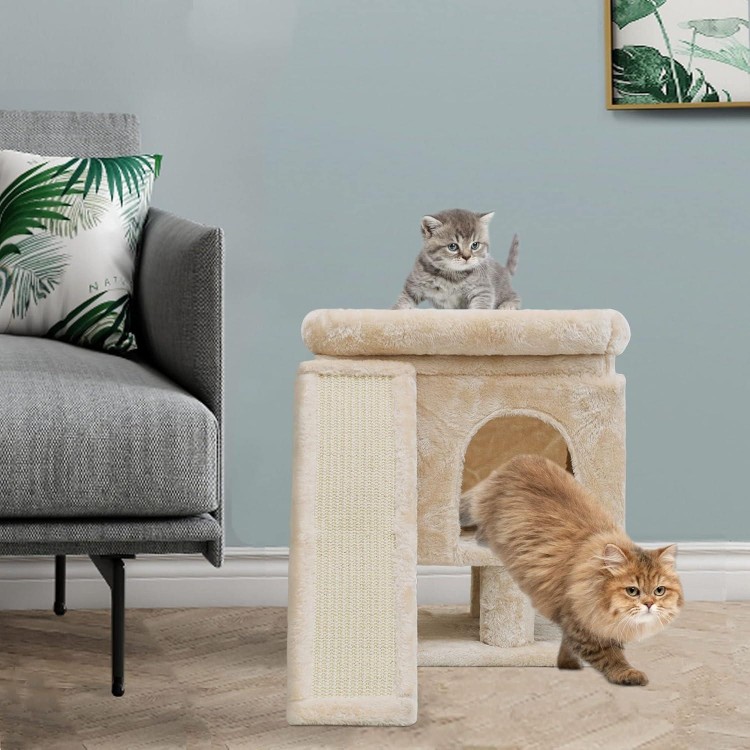 SYANDLVY Small Cat Tree for Indoor Large Cats, Kittens Condo with Scratching Post and Board, Modern Activity Tower with Cave (Beige)