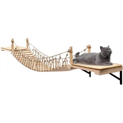 Wall-Mounted Cat Roped Bridge, Cat Wall Shelves, Cat Brideg Long for Indoor Cats, Cat Wall Furniture for Sleeping, Playing, Climbing, Wooden Cat or Kitty Bed and Perches with Sisal Scratch Mat