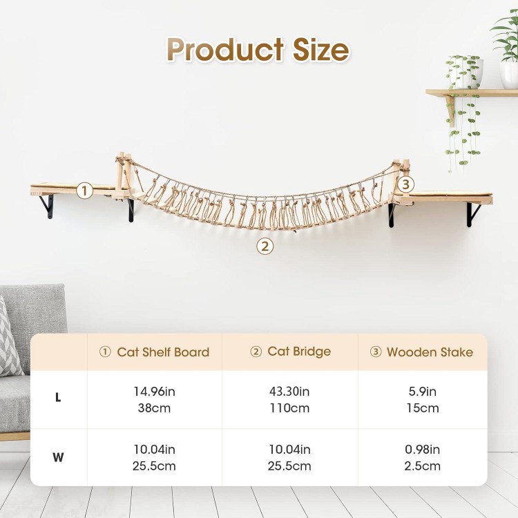 Wall-Mounted Cat Roped Bridge, Cat Wall Shelves, Cat Brideg Long for Indoor Cats, Cat Wall Furniture for Sleeping, Playing, Climbing, Wooden Cat or Kitty Bed and Perches with Sisal Scratch Mat