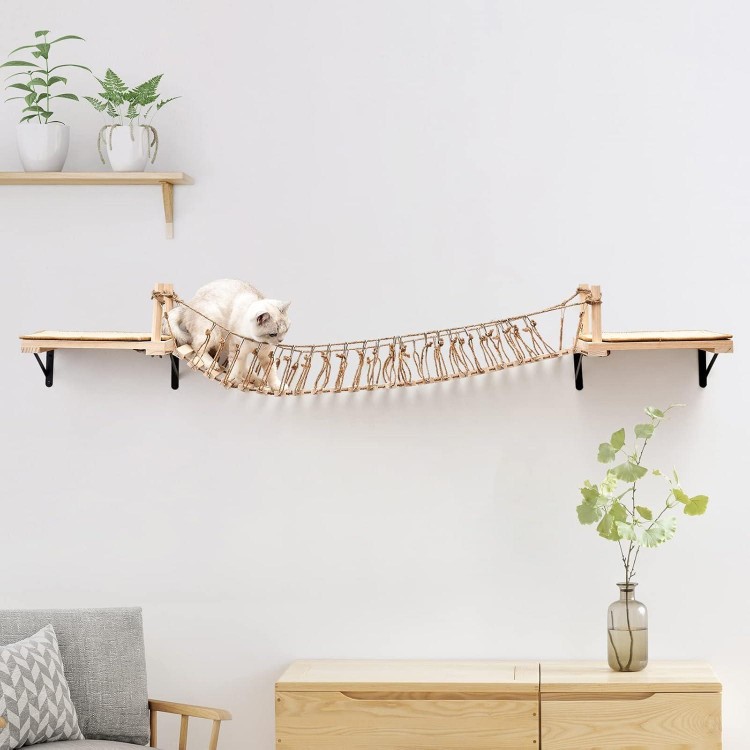 Wall-Mounted Cat Roped Bridge, Cat Wall Shelves, Cat Brideg Long for Indoor Cats, Cat Wall Furniture for Sleeping, Playing, Climbing, Wooden Cat or Kitty Bed and Perches with Sisal Scratch Mat