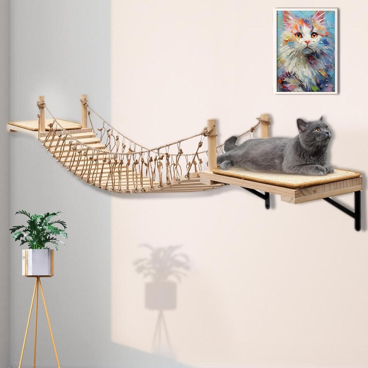 Wall-Mounted Cat Roped Bridge, Cat Wall Shelves, Cat Brideg Long for Indoor Cats, Cat Wall Furniture for Sleeping, Playing, Climbing, Wooden Cat or Kitty Bed and Perches with Sisal Scratch Mat