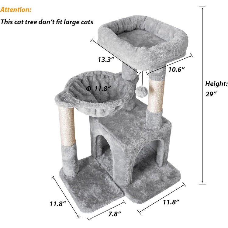 Pesofer Cat Tree, Small Cat Tower with Sisal Scratching Post and Hammock Light Gray