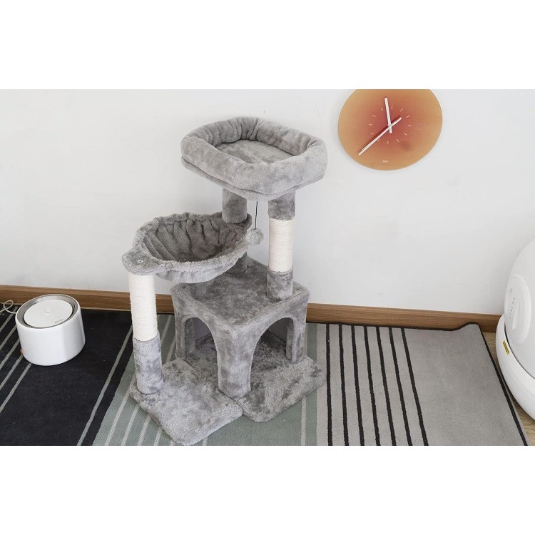 Pesofer Cat Tree, Small Cat Tower with Sisal Scratching Post and Hammock Light Gray