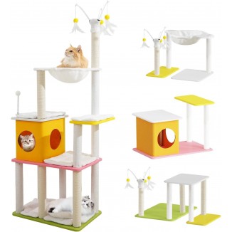 62.2 Cat Tree Tower,High Density PP Material Plate,DIY Structure,Stable & Flexible & Stylish Cat Condo for Indoor & Outdoor,Soft Plush Cushions,Hammock,Felt House,Spring Ball,Hanging Cat Teaser