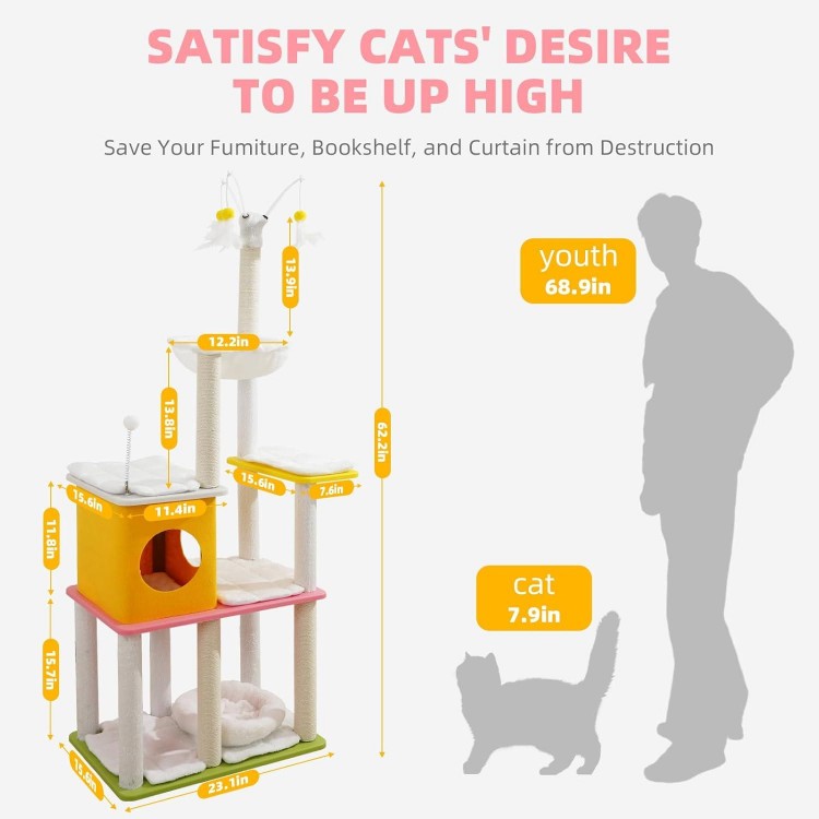 62.2 Cat Tree Tower,High Density PP Material Plate,DIY Structure,Stable & Flexible & Stylish Cat Condo for Indoor & Outdoor,Soft Plush Cushions,Hammock,Felt House,Spring Ball,Hanging Cat Teaser