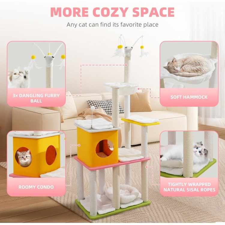 62.2 Cat Tree Tower,High Density PP Material Plate,DIY Structure,Stable & Flexible & Stylish Cat Condo for Indoor & Outdoor,Soft Plush Cushions,Hammock,Felt House,Spring Ball,Hanging Cat Teaser