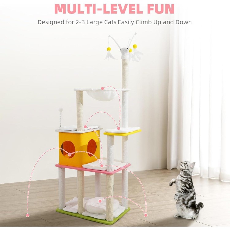 62.2 Cat Tree Tower,High Density PP Material Plate,DIY Structure,Stable & Flexible & Stylish Cat Condo for Indoor & Outdoor,Soft Plush Cushions,Hammock,Felt House,Spring Ball,Hanging Cat Teaser