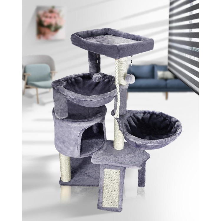 Xin Three Layer Cat Tree with Cat Condo and Two Hammocks,Grey