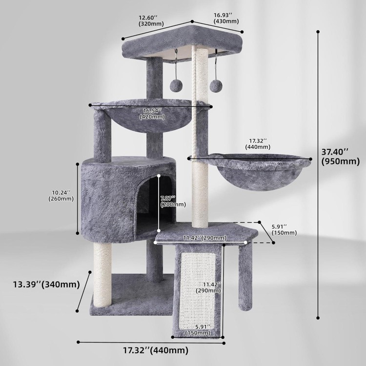 Xin Three Layer Cat Tree with Cat Condo and Two Hammocks,Grey