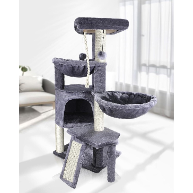 Xin Three Layer Cat Tree with Cat Condo and Two Hammocks,Grey