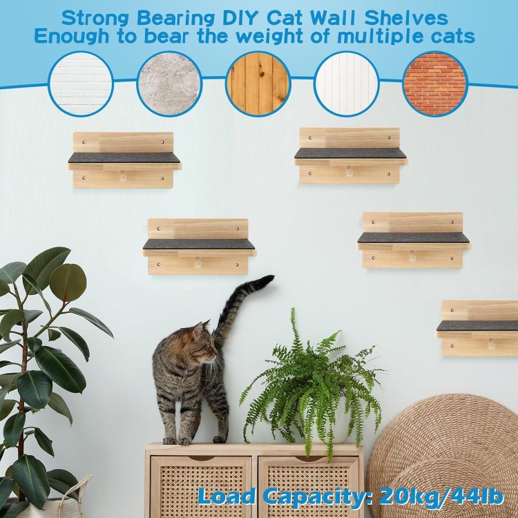 Lenwen Set of 6 Cat Wall Steps Shelf Shelves Wood Cat Climbing Shelves for Wall Wood Cat Wall Mounted Furniture Cat Wall Bed Wood Cat Stairs with Non Slip Felt for Springboard Playing (Classic)