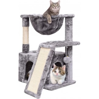 SYANDLVY Cat Tree for Indoor Cats Large Adult, Modern Activity Tower with Scratching Posts & Board, Condo with Plush Perch, Climbing Stand with Cradle & Hanging Ball for Play, Light Grey