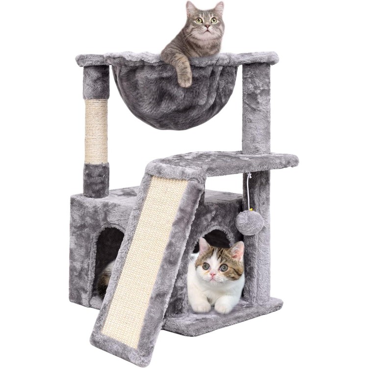 SYANDLVY Cat Tree for Indoor Cats Large Adult, Modern Activity Tower with Scratching Posts & Board, Condo with Plush Perch, Climbing Stand with Cradle & Hanging Ball for Play, Light Grey