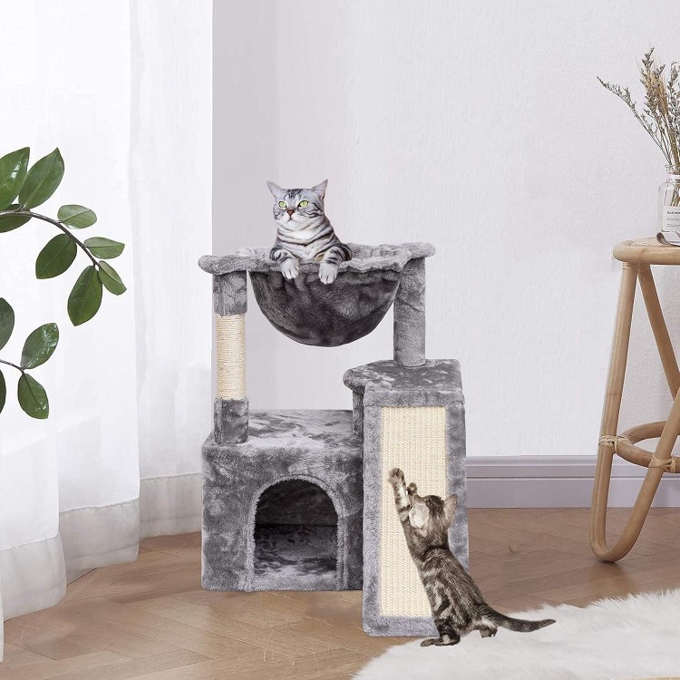 SYANDLVY Cat Tree for Indoor Cats Large Adult, Modern Activity Tower with Scratching Posts & Board, Condo with Plush Perch, Climbing Stand with Cradle & Hanging Ball for Play, Light Grey