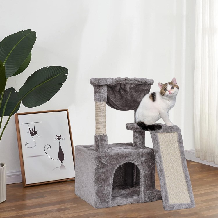 SYANDLVY Cat Tree for Indoor Cats Large Adult, Modern Activity Tower with Scratching Posts & Board, Condo with Plush Perch, Climbing Stand with Cradle & Hanging Ball for Play, Light Grey