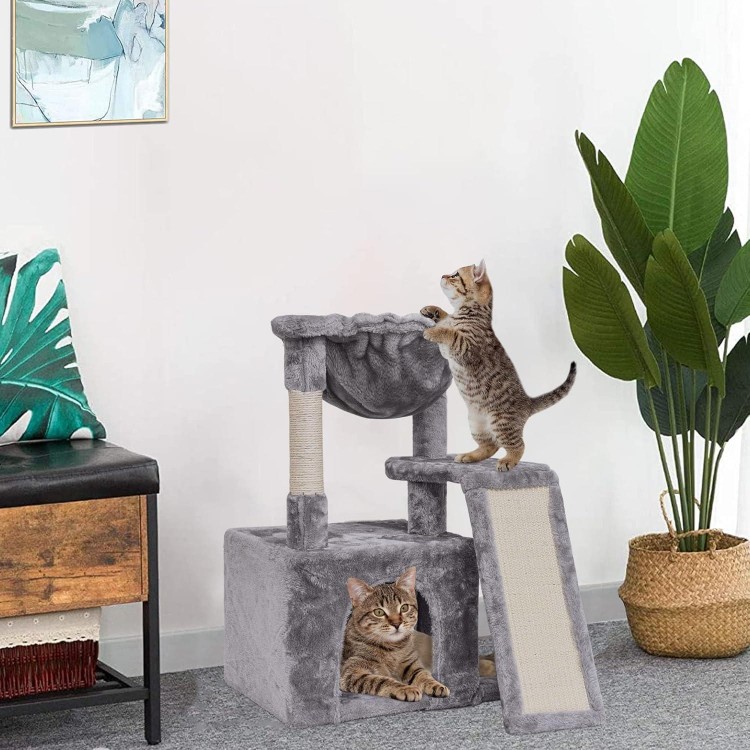 SYANDLVY Cat Tree for Indoor Cats Large Adult, Modern Activity Tower with Scratching Posts & Board, Condo with Plush Perch, Climbing Stand with Cradle & Hanging Ball for Play, Light Grey