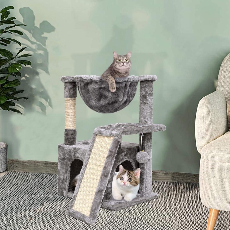 SYANDLVY Cat Tree for Indoor Cats Large Adult, Modern Activity Tower with Scratching Posts & Board, Condo with Plush Perch, Climbing Stand with Cradle & Hanging Ball for Play, Light Grey