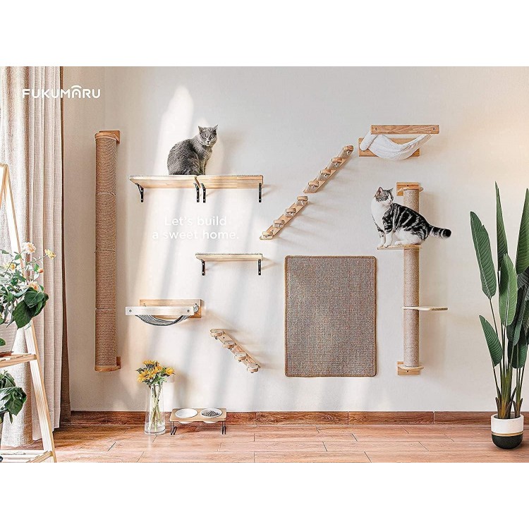 FUKUMARU Cat Activity Tree with Scratching Posts, Wall Mounted Jute Scratcher Pine Hammock