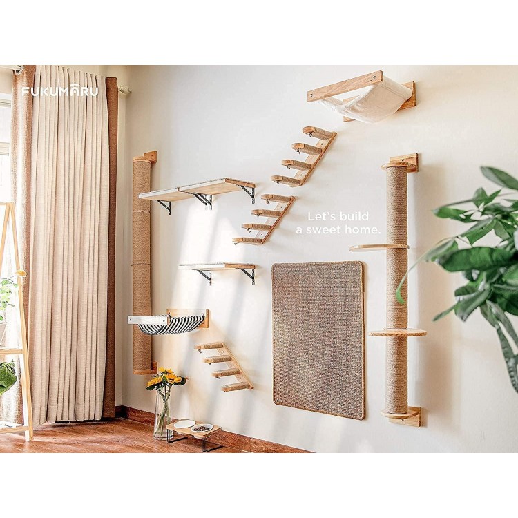 FUKUMARU Cat Activity Tree with Scratching Posts, Wall Mounted Jute Scratcher Pine Hammock