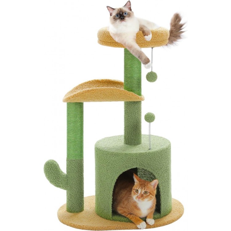 PAWZ Road Cactus Cat Tree 32 Inches Small Cat Tower with Sisal Covered Scratching Post, Cozy Condo, Plush Perches and Fluffy Balls for Indoor Cats