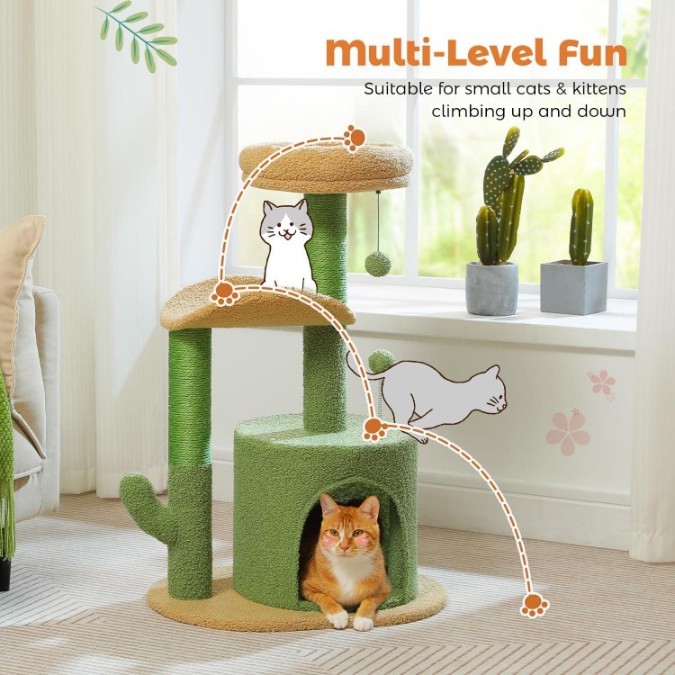 PAWZ Road Cactus Cat Tree 32 Inches Small Cat Tower with Sisal Covered Scratching Post, Cozy Condo, Plush Perches and Fluffy Balls for Indoor Cats